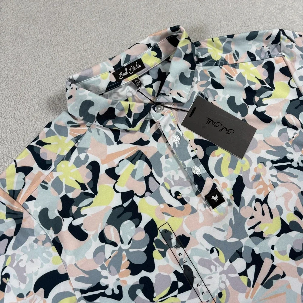 Bad Birdie Savannah‎ Swing Core Polo Shirt Mens XL Multi Abstract Floral Stretch